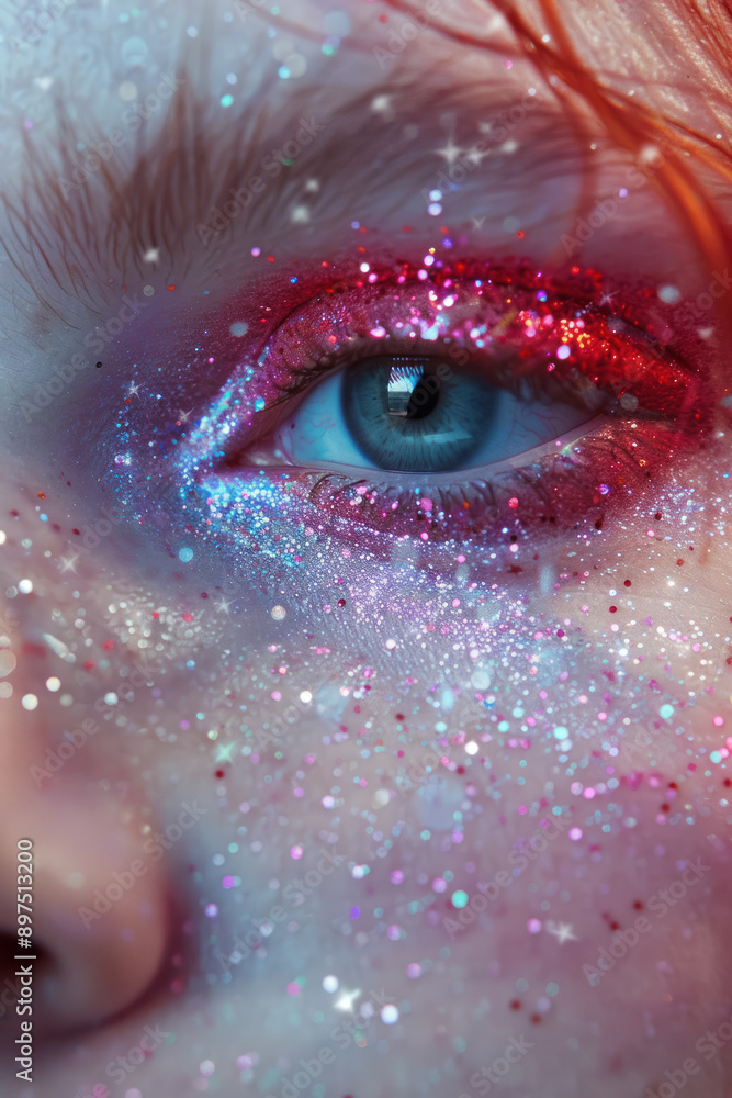 detailed close-up of eye with red and purple glitter makeup highlighting intricate beauty details detailed close-up of eye with red and purple glitter makeup highlighting intricate beauty details