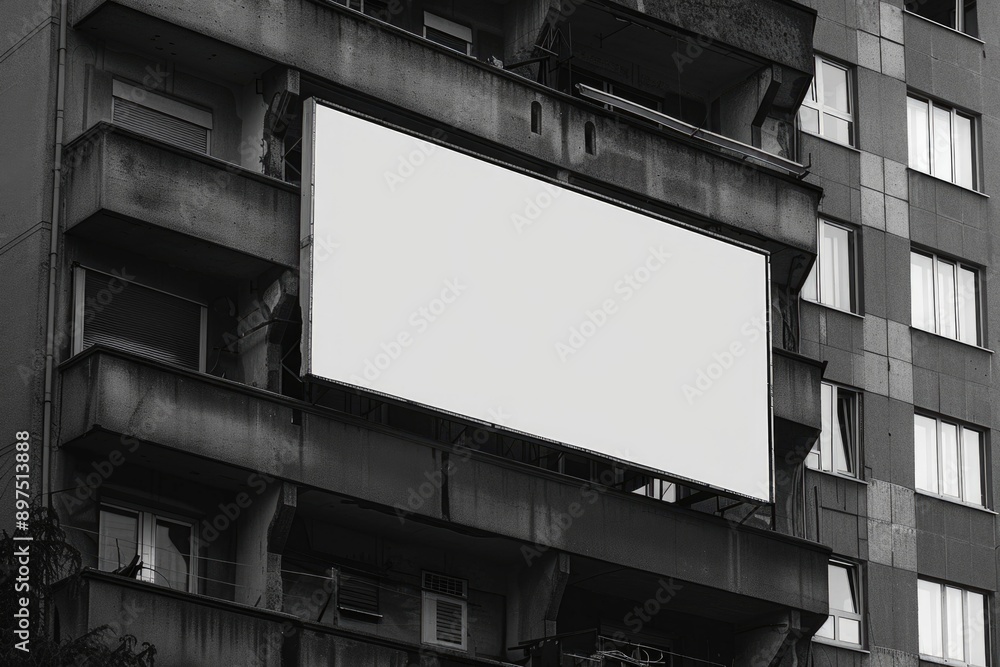 A billboard mounted on the side of an apartment building, indicating that it is likely located in a city. A billboard mounted on the side of an apartment building, indicating that it is likely located in a city.