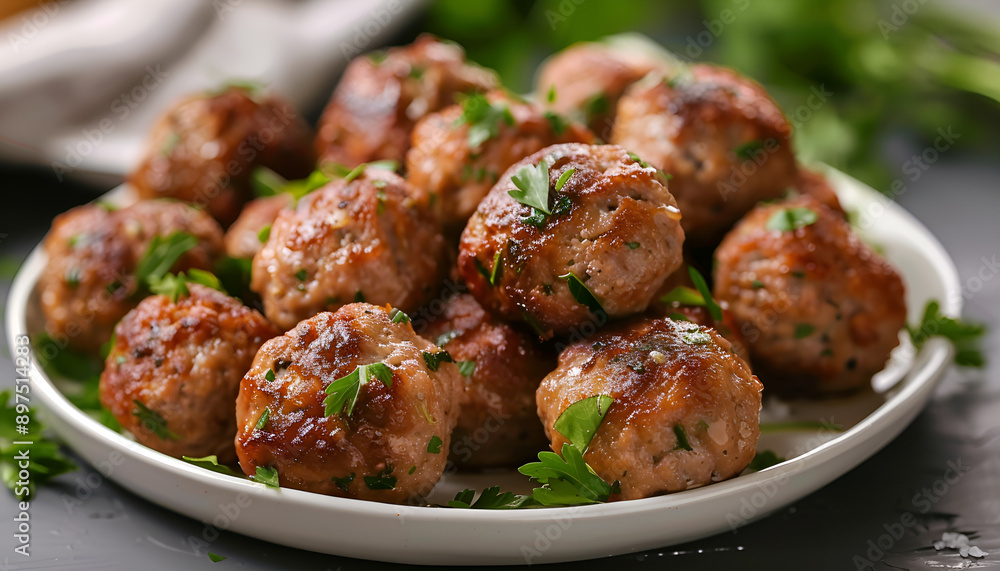 Tasty cooked meatballs with parsley on table, closeup Tasty cooked meatballs with parsley on table, closeup