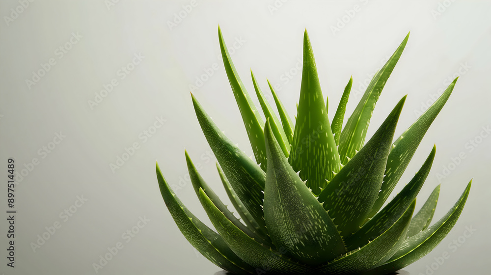 Fototapeta premium Vibrant green Aloe Vera plant on a neutral background. The succulent leaves are known for their medicinal properties and natural beauty, making it perfect for health and botanical themes.