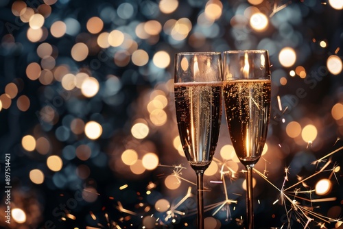 Festive new years eve celebration close up of sparkling sparkles against blurred background with champagne glasses