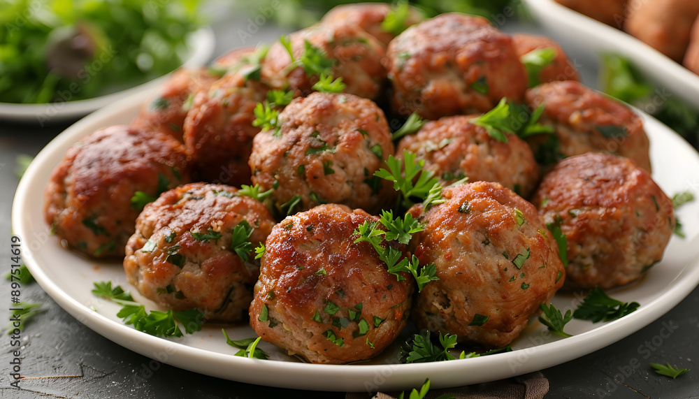 Tasty cooked meatballs with parsley on table, closeup Tasty cooked meatballs with parsley on table, closeup