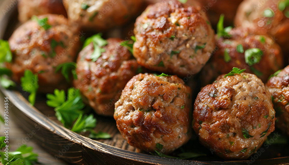 Tasty cooked meatballs with parsley on table, closeup Tasty cooked meatballs with parsley on table, closeup