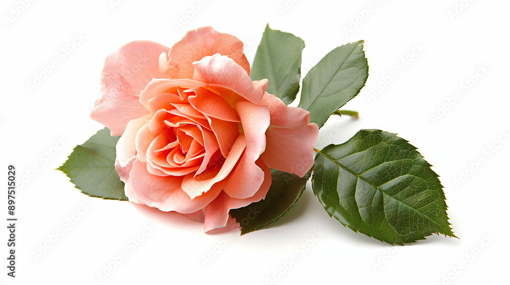 Naklejka premium Delicate peach rose with soft petals and lush green leaves displayed against a white background.