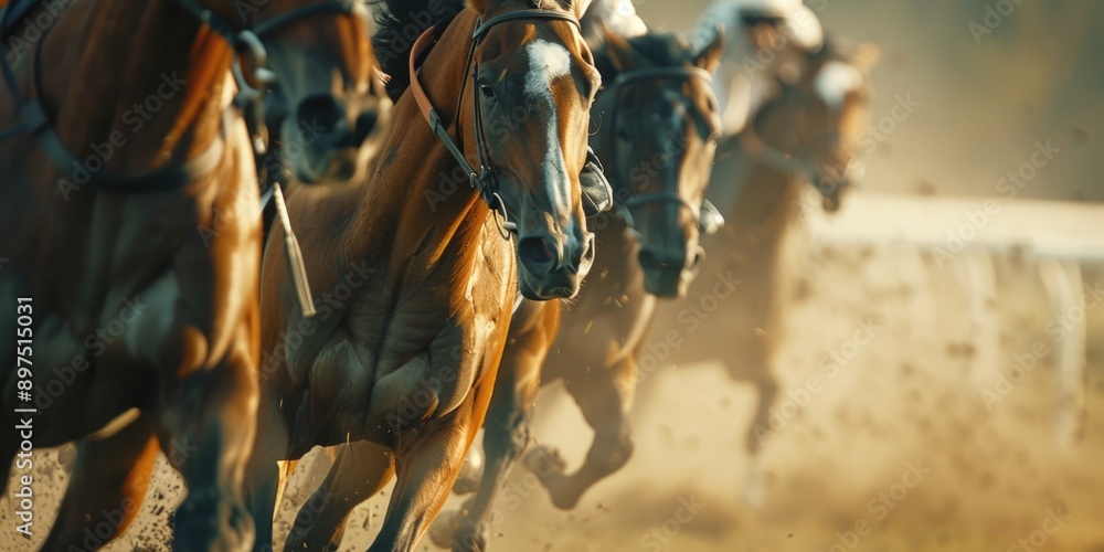 Race horses galloping on dirt track with jockeys, highlighting intensity and competition of equestrian sports. Race horses galloping on dirt track with jockeys, highlighting intensity and competition of equestrian sports.