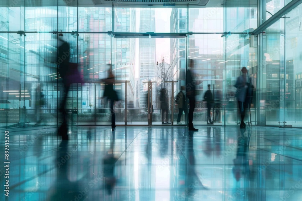 Modern glass architecture interior with blurred people Modern glass architecture interior with blurred people