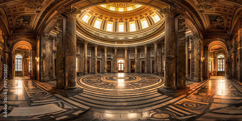 Obraz premium Rotunda of Democracy: A grand circular room, adorned with American flags and statues of Founding Fathers.