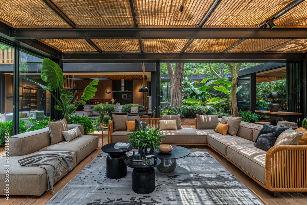 Fototapeta premium Luxurious outdoor lounge with modern furniture and lush greenery, creating a serene and inviting garden retreat.