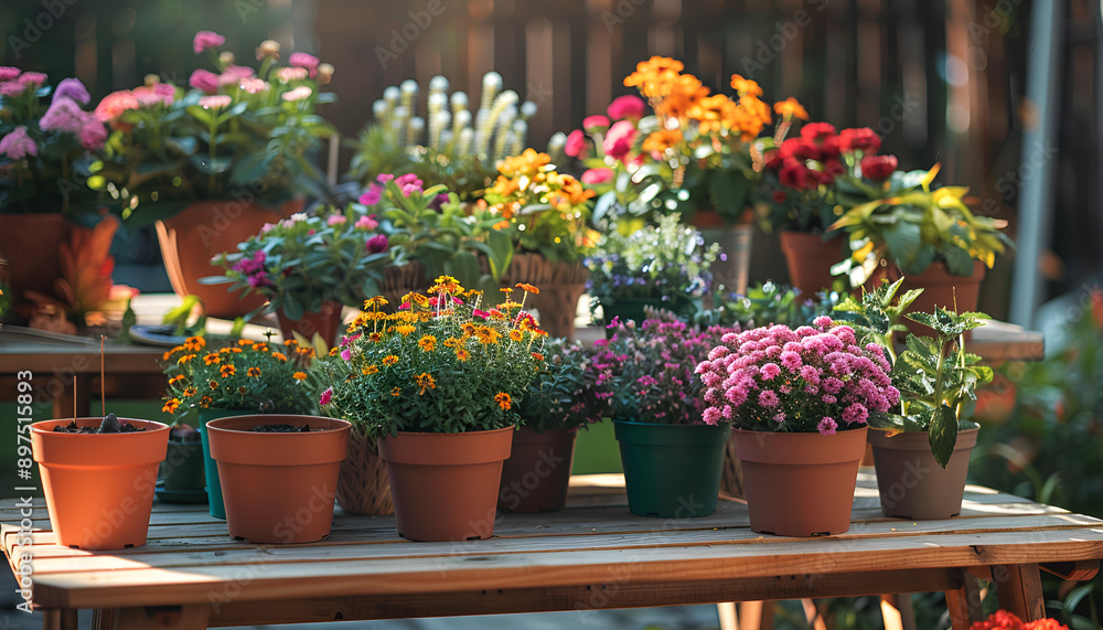 Many different potted flowers on wooden tables outdoors Many different potted flowers on wooden tables outdoors