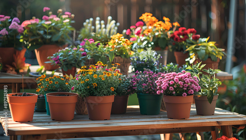 Wallpaper Mural Many different potted flowers on wooden tables outdoors Torontodigital.ca