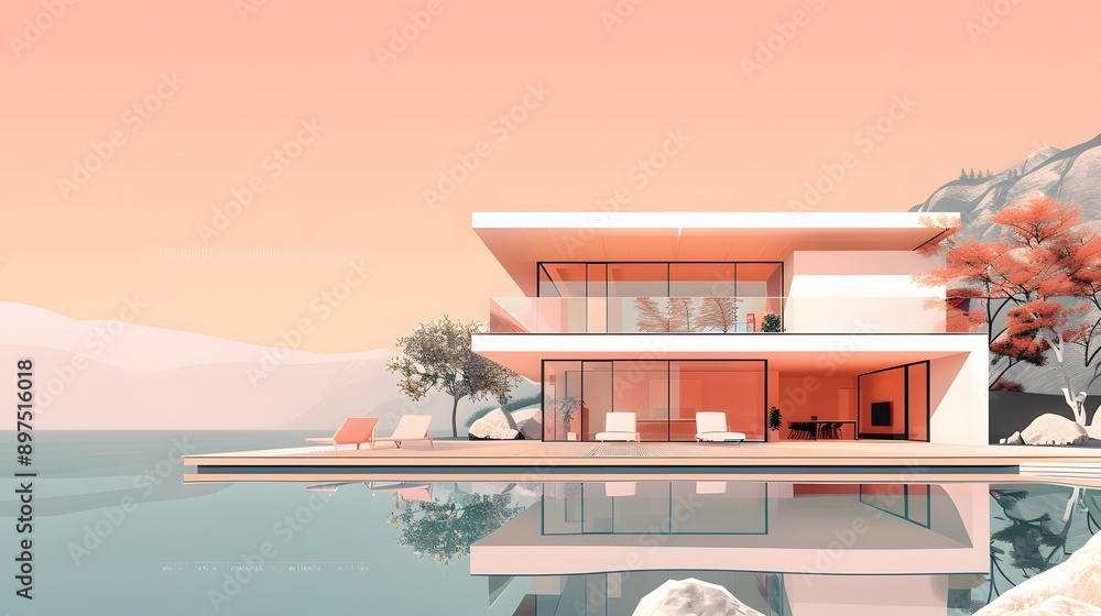 Obraz premium Modern Minimalist House with Swimming Pool and Ocean View