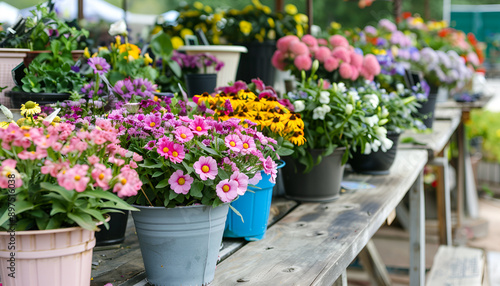 Wallpaper Mural Many different potted flowers on wooden tables outdoors Torontodigital.ca