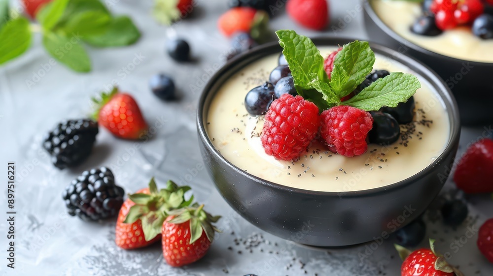 Pudding and toast artfully arranged with fresh berries and mint leaves, gourmet presentation Pudding and toast artfully arranged with fresh berries and mint leaves, gourmet presentation