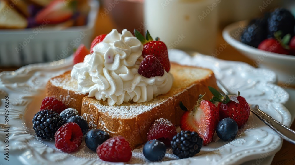 Pudding and toast with a side of whipped cream and berries, decadent and indulgent Pudding and toast with a side of whipped cream and berries, decadent and indulgent