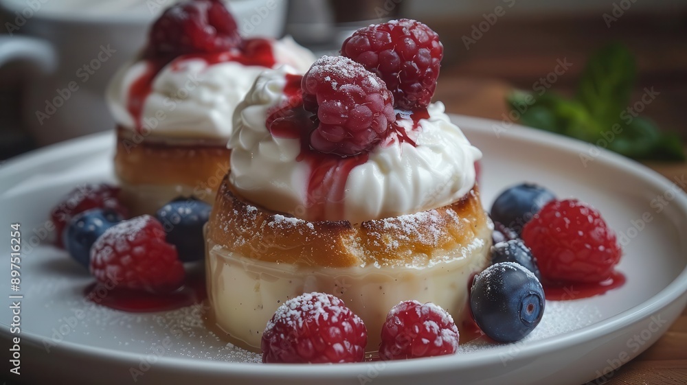 Pudding and toast with a side of whipped cream and berries, decadent and indulgent Pudding and toast with a side of whipped cream and berries, decadent and indulgent