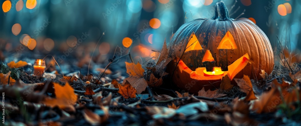 Naklejka premium A pumpkin with a smiley face on it is sitting on the ground