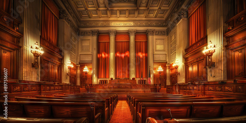 Congressional Chamber: A large legislative hall, filled with rows of wooden chairs and a dais at the front, where lawmakers debate and pass laws.