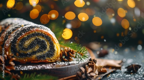 traditional hungarian christmas cookie calles bejgli filled with walnut and poppy seed with christmas tree background photo