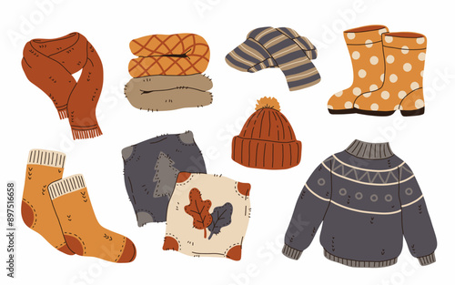 Set of cozy autumnal sweaters, scarves, socks, and warm accessories. Fall apparel clothes, cardigan, beanie kit. Vector hand drawn flat cartoon collection illustration