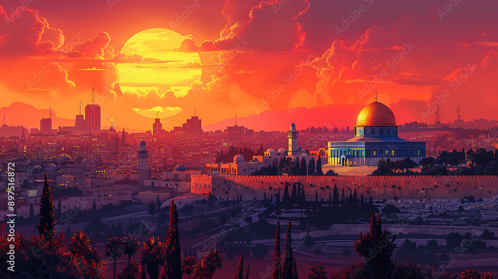 Fototapeta premium stunning view of Jerusalem at sunset, with the Al-Aqsa Mosque and old city in the background