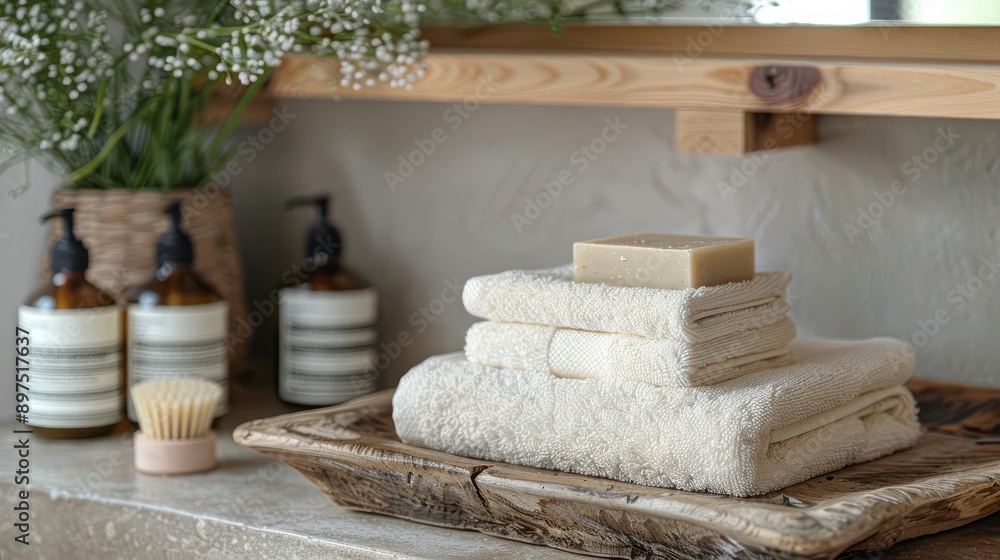 Closeup of a zero waste bathroom with reusable products like soap bars and cloth towels detailed textures and precision Closeup of a zero waste bathroom with reusable products like soap bars and cloth towels detailed textures and precision