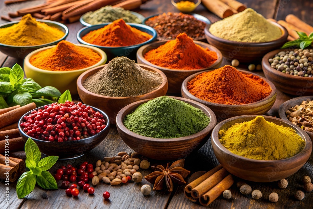 colorful spices and spices in small bowls. colorful spices and spices in small bowls.