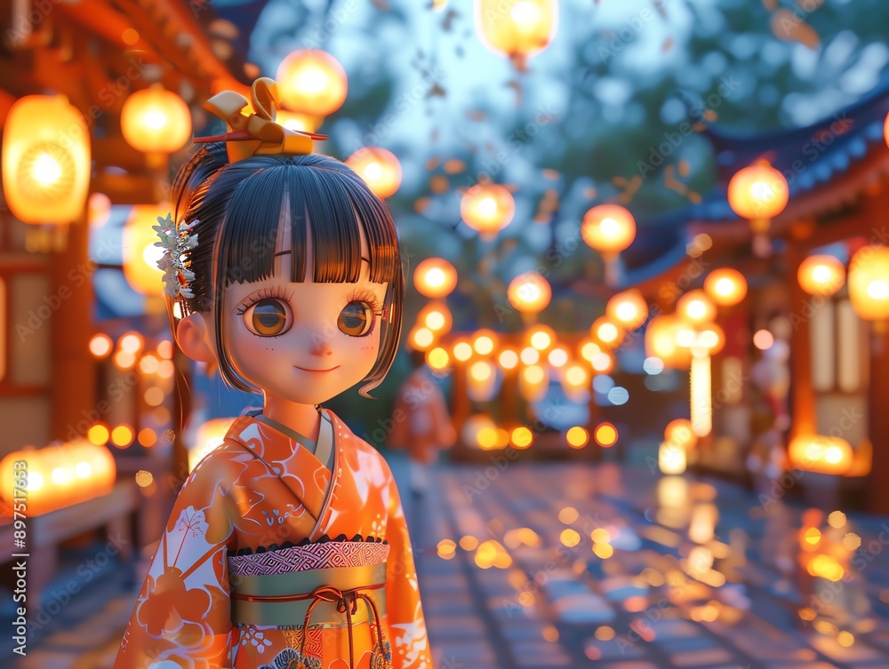 Cute anime girl in traditional kimono, standing in illuminated street with lanterns, capturing essence of Japanese culture during twilight. Cute anime girl in traditional kimono, standing in illuminated street with lanterns, capturing essence of Japanese culture during twilight.