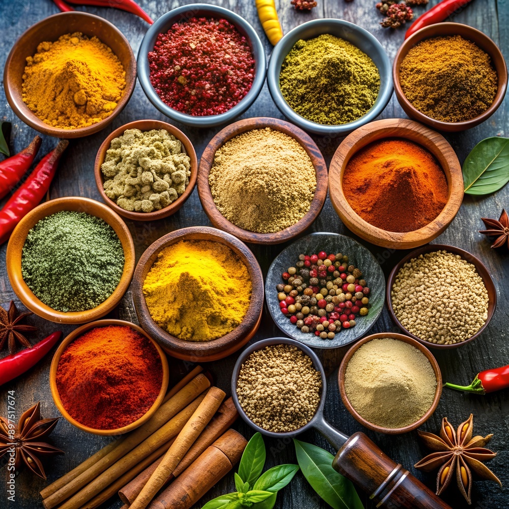 colorful spices and spices in small bowls. colorful spices and spices in small bowls.