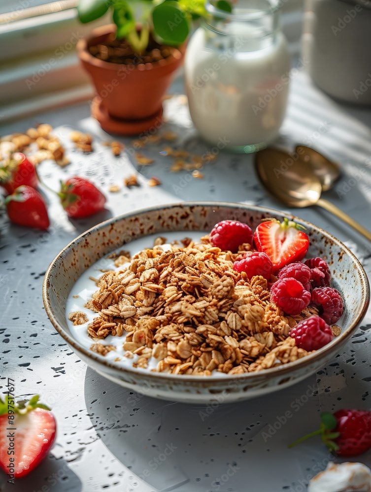 Homemade granola with milk, fresh berries. Copy space. Healthy breakfast concept. light background, sunlight Homemade granola with milk, fresh berries. Copy space. Healthy breakfast concept. light background, sunlight