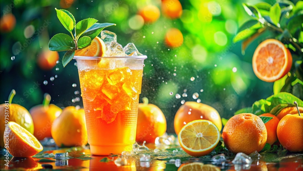 juicy picture with yellow ingredients. A glass with an orange cocktail, scattered orange slices in the water element. bright sunny morning. a pleasant mood juicy picture with yellow ingredients. A glass with an orange cocktail, scattered orange slices in the water element. bright sunny morning. a pleasant mood