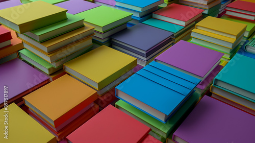 Colorful stacked books on a white background, shadow-free, in clipart style.