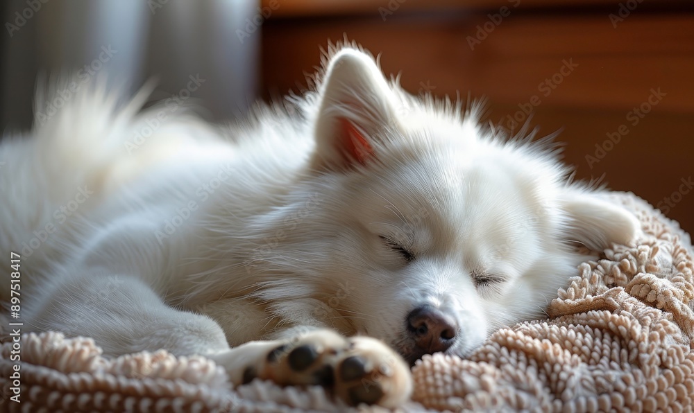 A white dog is sleeping on a blanket A white dog is sleeping on a blanket