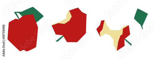 Red apple with leaf. Bitten apple. Apple core. Stylization. Set of vector illustrations, isolated objects on white background