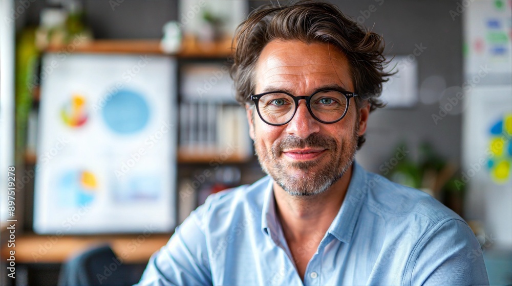 A man wearing glasses smiles for the camera while working at his desk in an office A man wearing glasses smiles for the camera while working at his desk in an office