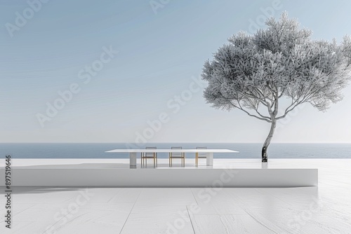 Minimalist outdoor setting with lone tree and white furniture, creating a serene and stylish space.