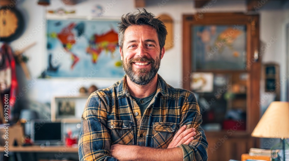 A man in a plaid shirt stands confidently in his home office, smiling at the camera with a world map on the wall behind him A man in a plaid shirt stands confidently in his home office, smiling at the camera with a world map on the wall behind him