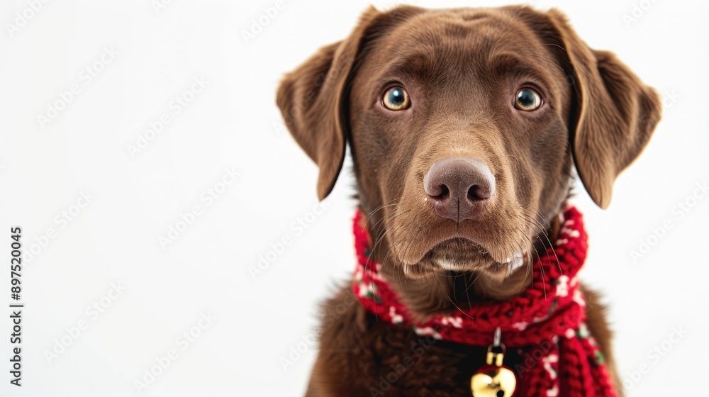 Brown dog wearing Christmas scarf with bell looking at camera on white background Brown dog wearing Christmas scarf with bell looking at camera on white background