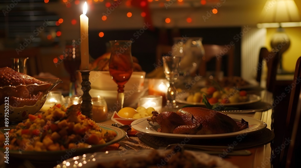 A table set for a delicious meal, with roasted chicken, side dishes, and candlelight. A table set for a delicious meal, with roasted chicken, side dishes, and candlelight.