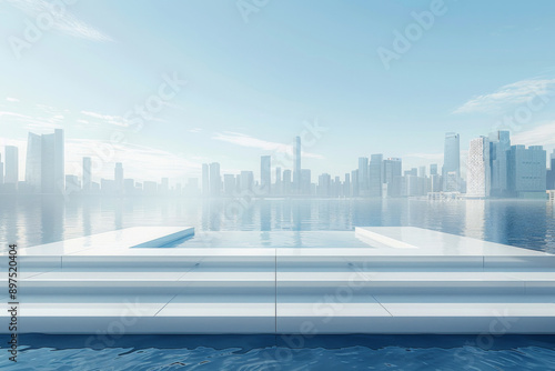Modern buildings by the lake. The modern urban skyline is in the background.