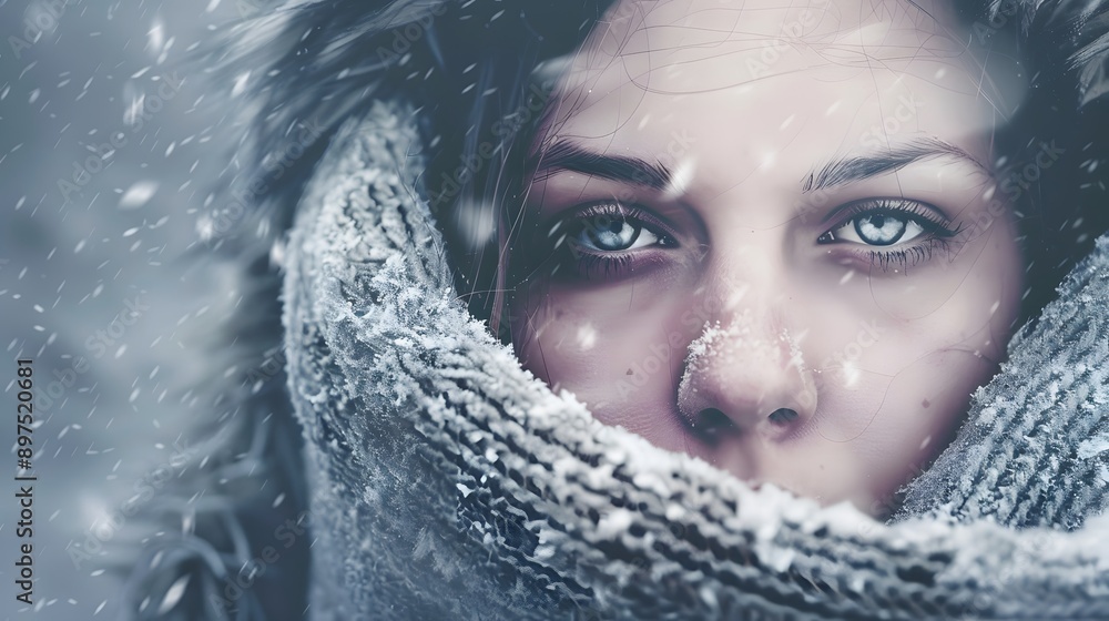 A young woman with blue eyes gazes intensely through the falling snow. A young woman with blue eyes gazes intensely through the falling snow.