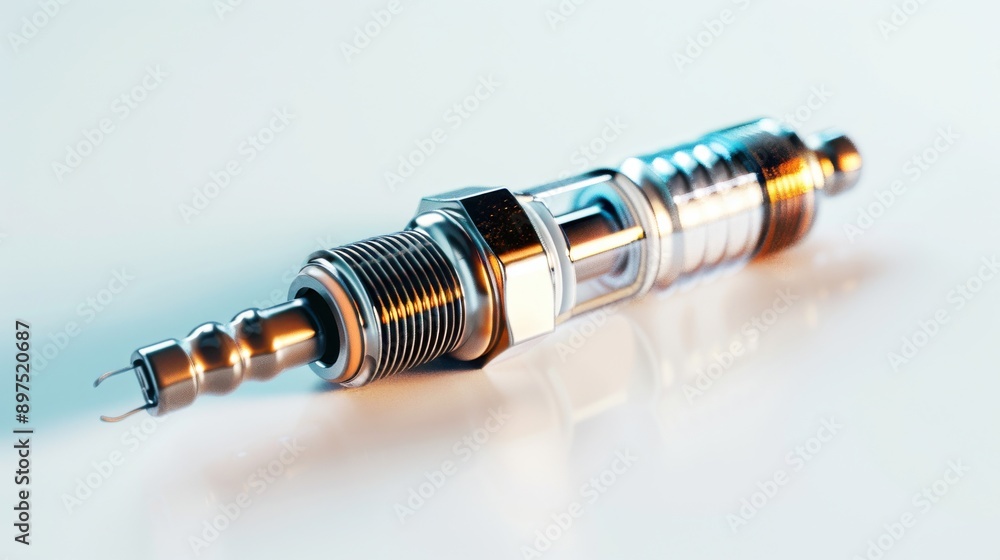A shiny new spark plug rests on a clean white surface, reflecting light A shiny new spark plug rests on a clean white surface, reflecting light