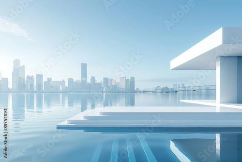 Modern buildings by the lake. The modern urban skyline is in the background.