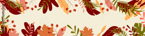 Vector illustration. Autumn illustration in flat style with copy space for text. Floral and leafy prints for greeting cards, posters, banners, posters and covers, blogging and promotional items.