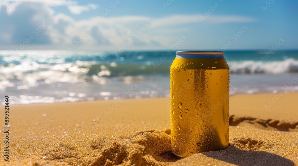 Cold beverage can on a sandy beach with ocean waves in the background, refreshing summer concept Cold beverage can on a sandy beach with ocean waves in the background, refreshing summer concept