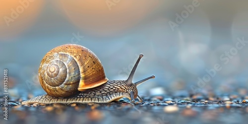 Focus on a snail moving slowly on a wet surface with a blurred background, showing natures tiny creatures