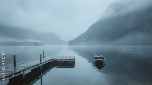 On a misty morning, a small boat is moored at the Lake Leakier jetty. photo