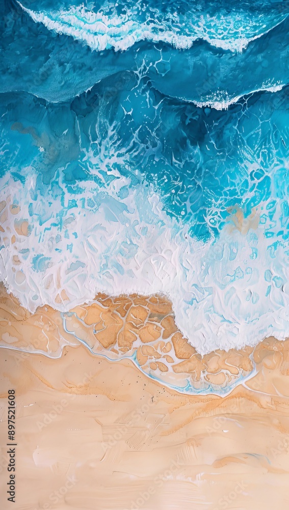 Naklejka premium A painting of a beach with a wave crashing in the background