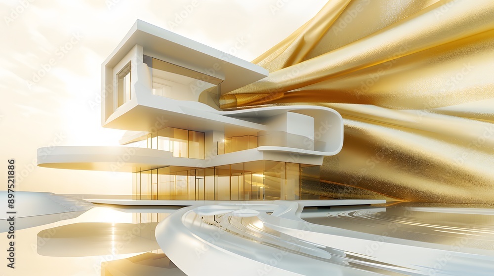 Modern Futuristic Architecture with Golden Fabric Drape Modern Futuristic Architecture with Golden Fabric Drape