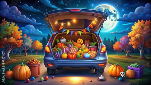 A colorful illustration of a trunk or treat scene featuring a decorated car trunk filled with candy and spooky Halloween decorations at night. photo