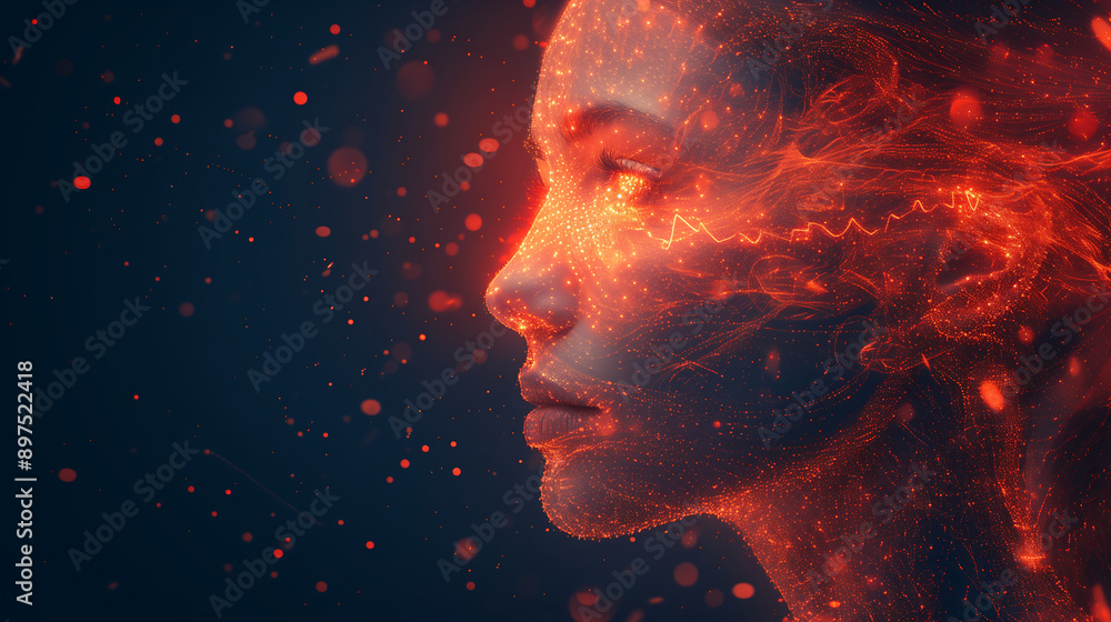 beautiful woman face is made of glowing red particles and light waves, with an orange glow on her skin, against the dark background of space beautiful woman face is made of glowing red particles and light waves, with an orange glow on her skin, against the dark background of space